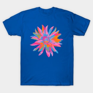 DAHLIA BURSTS Abstract Blooming Floral Summer Bright Flowers - Fuchsia Pink Purple Blue Orange on Royal Blue - UnBlink Studio by Jackie Tahara T-Shirt